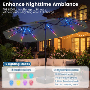 13 FT Double-Sided Patio Umbrella with Color-Changing Flowing Solar LED Lights-Gray