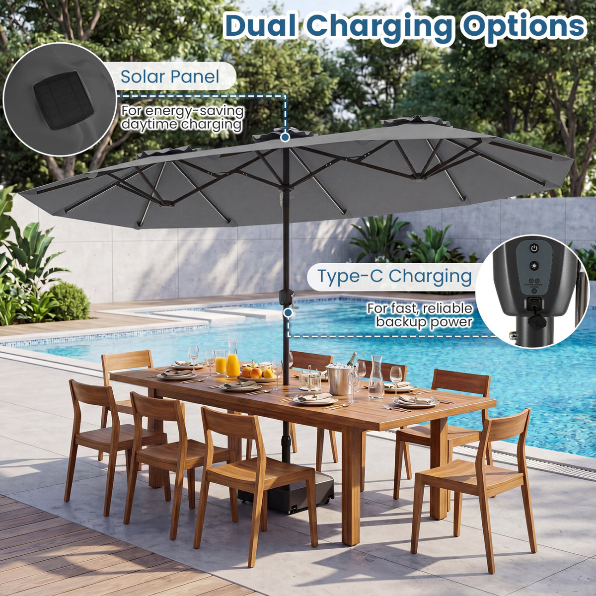 13 FT Double-Sided Patio Umbrella with Color-Changing Flowing Solar LED Lights-Gray
