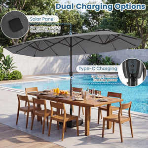 13 FT Double-Sided Patio Umbrella with Color-Changing Flowing Solar LED Lights-Gray