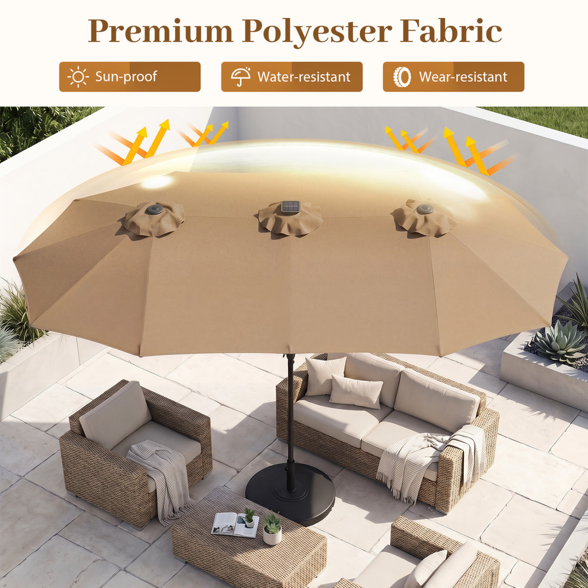 13 FT Double-Sided Patio Umbrella Large Rectangle Market Umbrella with 36 LED Lights-Tan