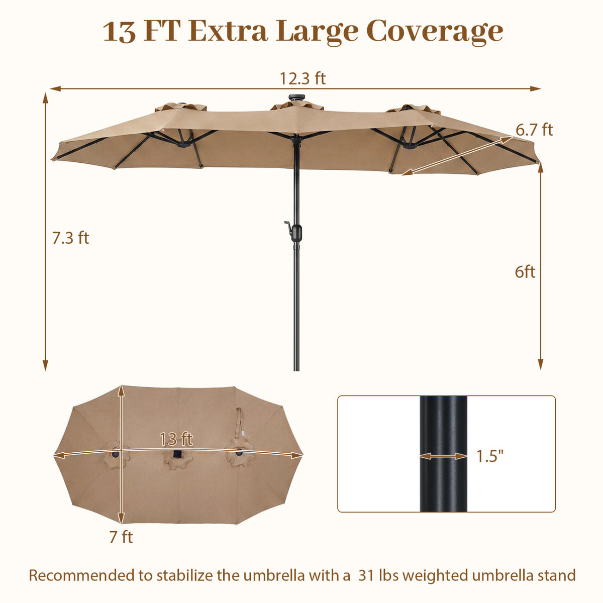 13 FT Double-Sided Patio Umbrella Large Rectangle Market Umbrella with 36 LED Lights-Tan