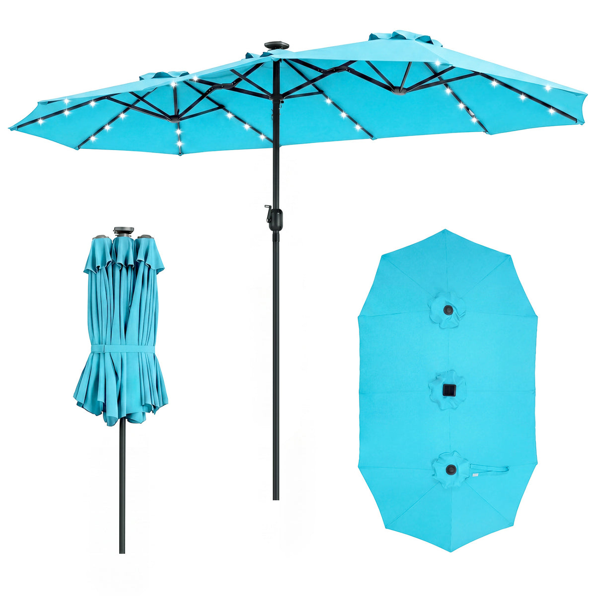 13 FT Double-Sided Patio Umbrella Large Rectangle Market Umbrella with 36 LED Lights-Turquoise