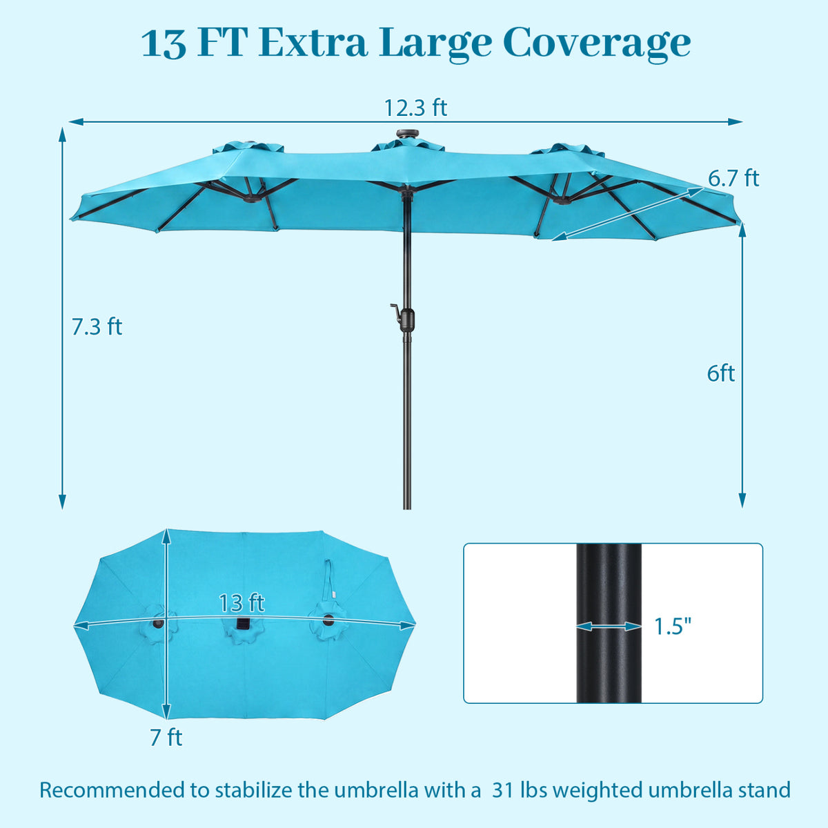 13 FT Double-Sided Patio Umbrella Large Rectangle Market Umbrella with 36 LED Lights-Turquoise