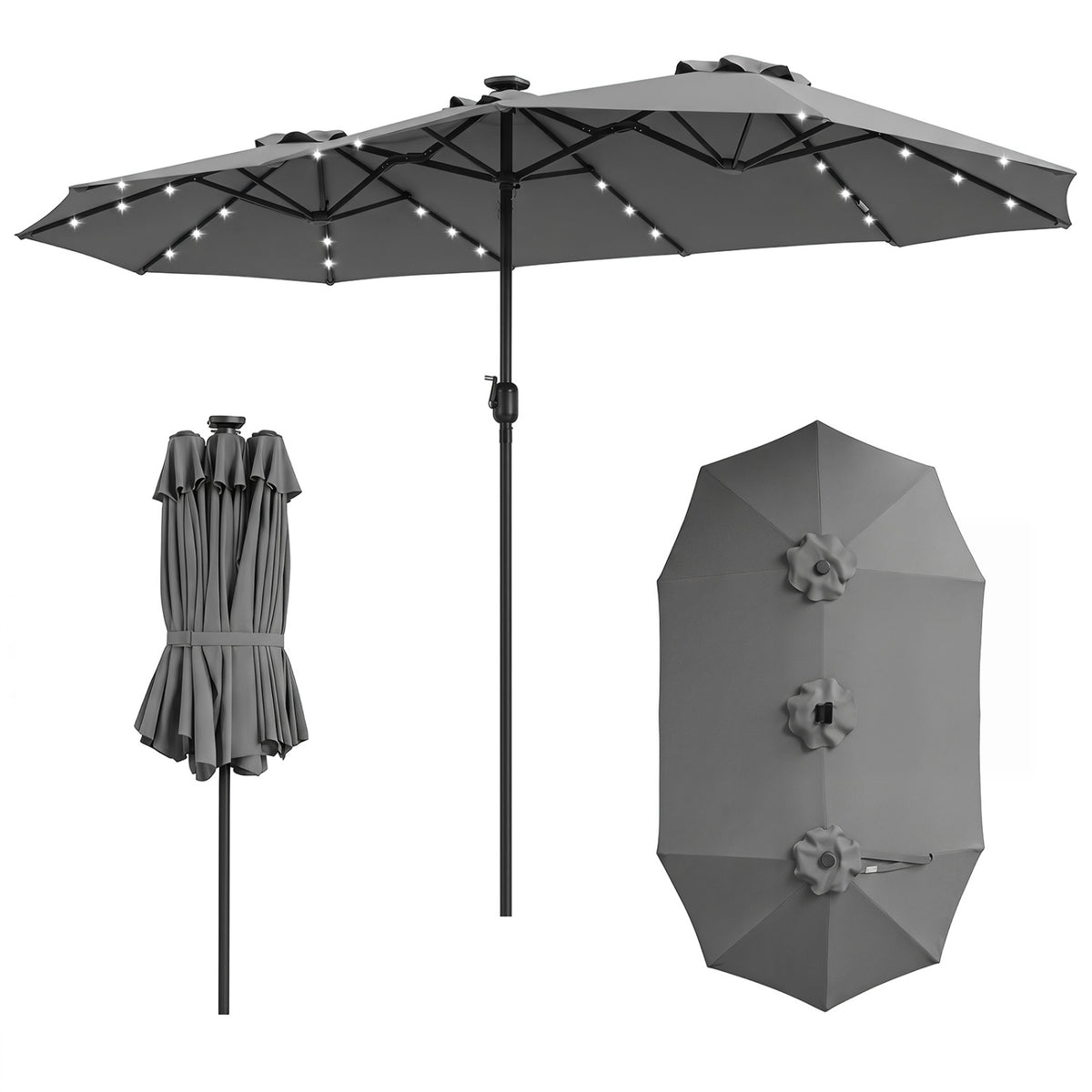 13 FT Double-Sided Patio Umbrella Large Rectangle Market Umbrella with 36 LED Lights-Gray