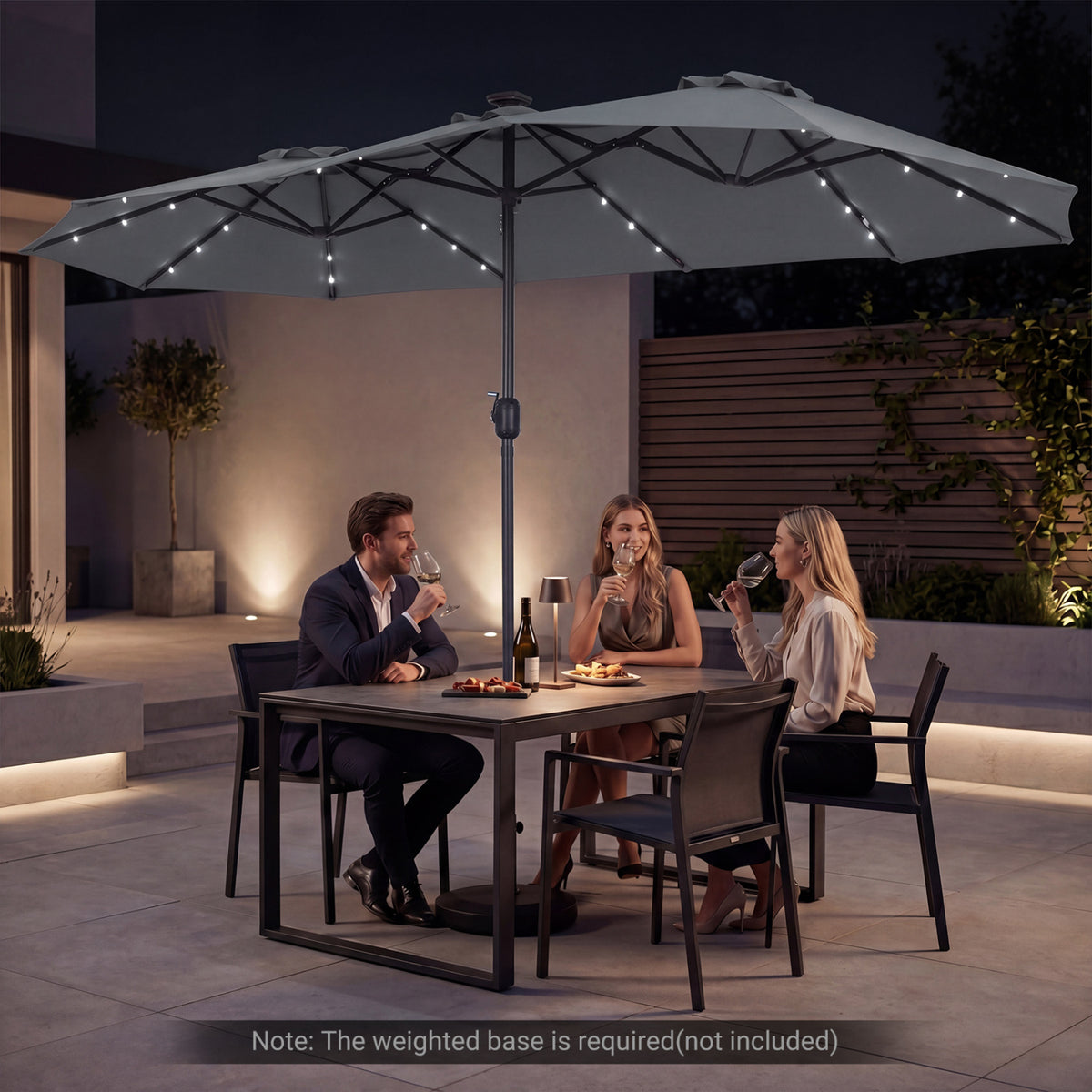13 FT Double-Sided Patio Umbrella Large Rectangle Market Umbrella with 36 LED Lights-Gray