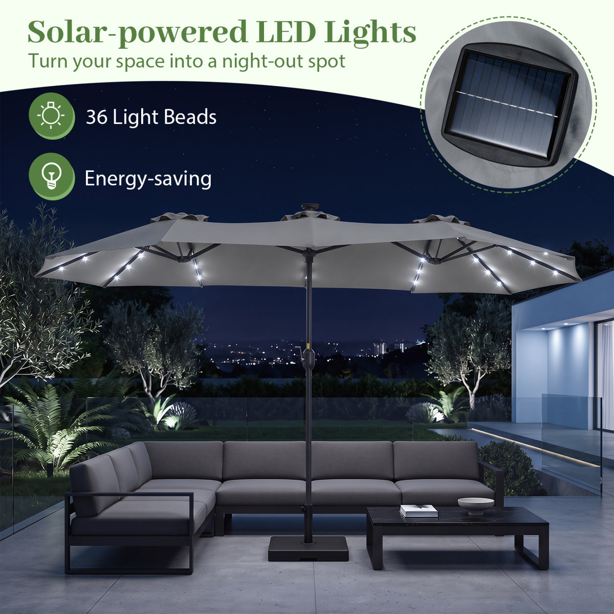 13 FT Double-Sided Patio Umbrella Large Rectangle Market Umbrella with 36 LED Lights-Gray