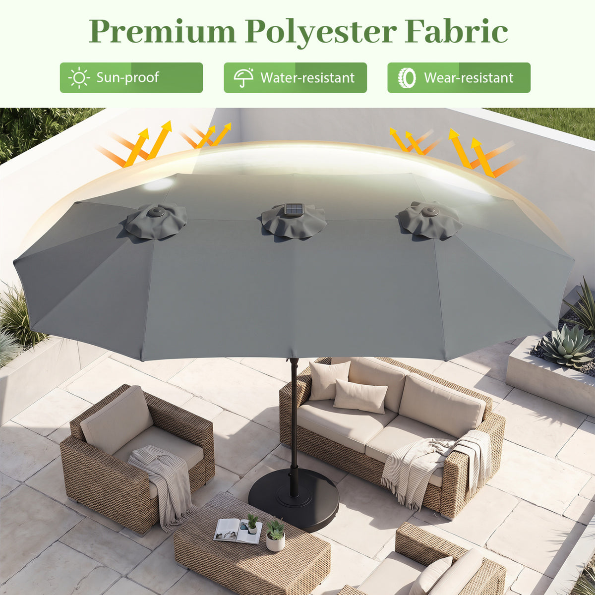 13 FT Double-Sided Patio Umbrella Large Rectangle Market Umbrella with 36 LED Lights-Gray