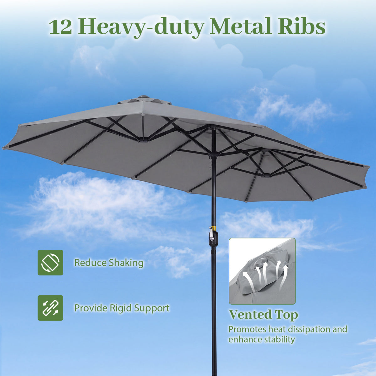13 FT Double-Sided Patio Umbrella Large Rectangle Market Umbrella with 36 LED Lights-Gray