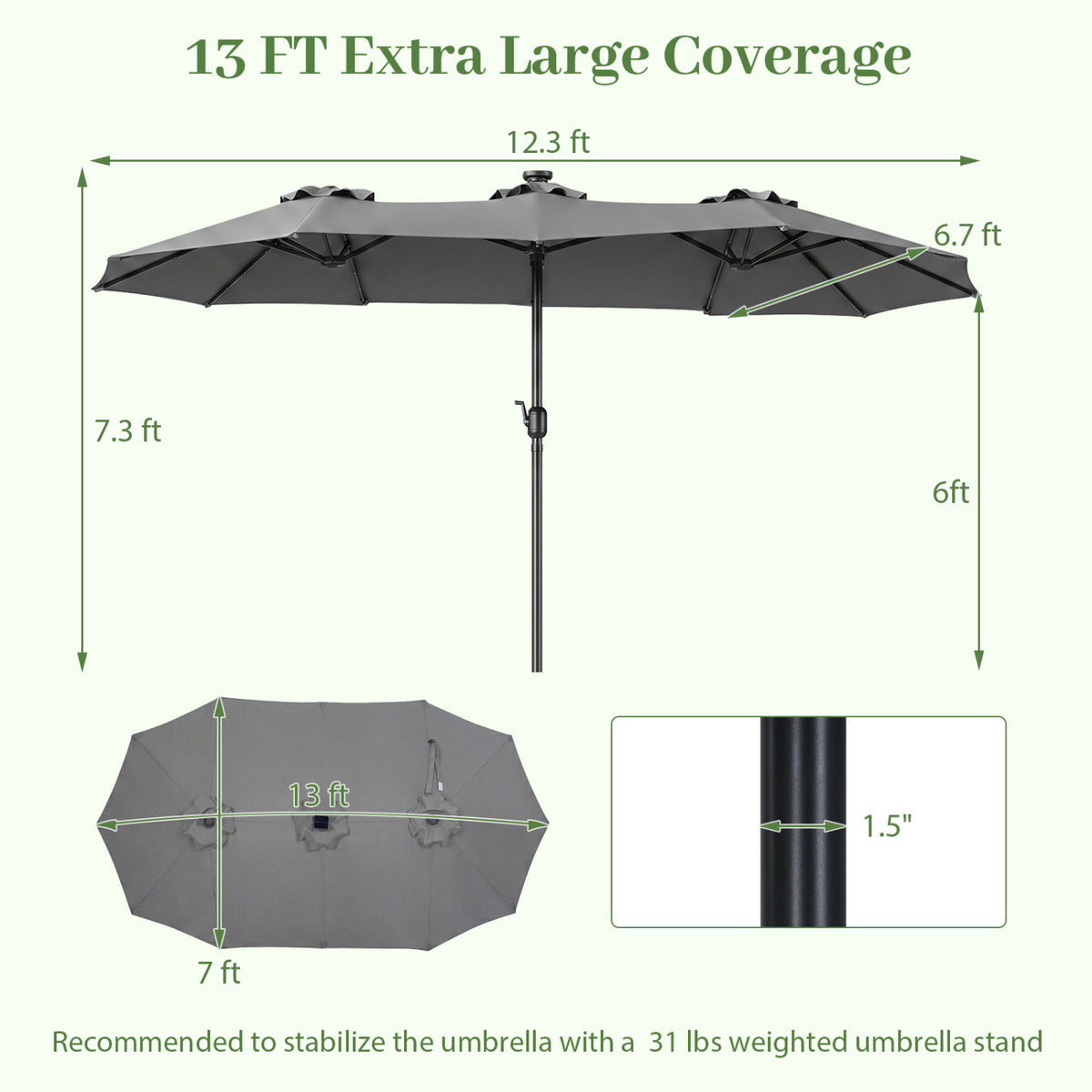 13 FT Double-Sided Patio Umbrella Large Rectangle Market Umbrella with 36 LED Lights-Gray