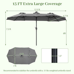 13 FT Double-Sided Patio Umbrella Large Rectangle Market Umbrella with 36 LED Lights-Gray