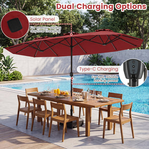13 FT Double-Sided Patio Umbrella with Color-Changing Flowing Solar LED Lights-Red