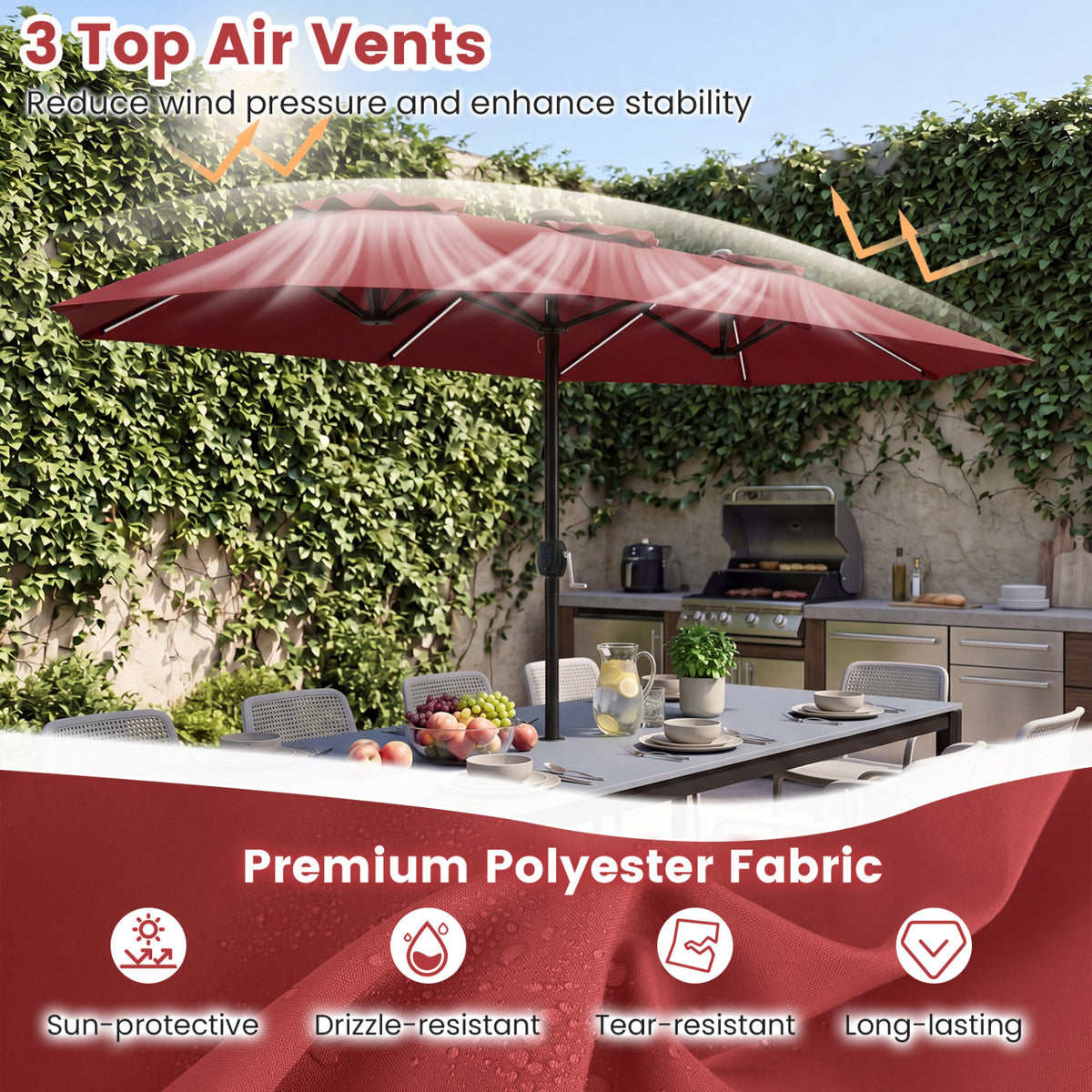 13 FT Double-Sided Patio Umbrella with Color-Changing Flowing Solar LED Lights-Red