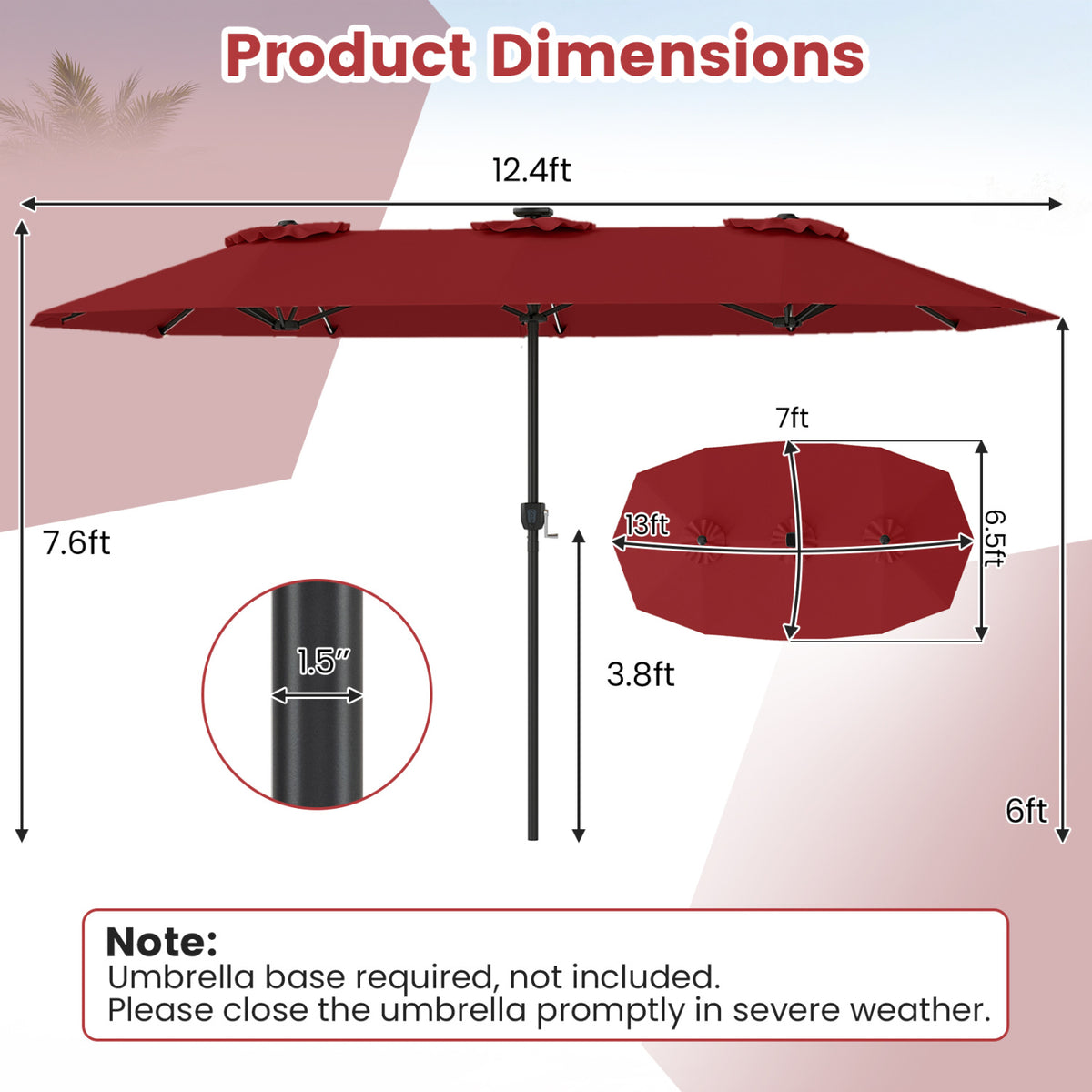 13 FT Double-Sided Patio Umbrella with Color-Changing Flowing Solar LED Lights-Red