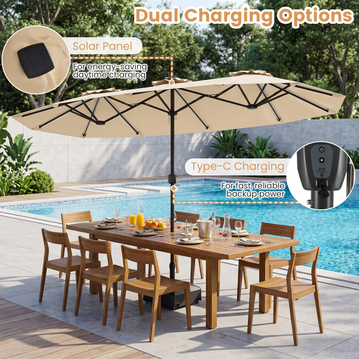 13 FT Double-Sided Patio Umbrella with Color-Changing Flowing Solar LED Lights-Beige