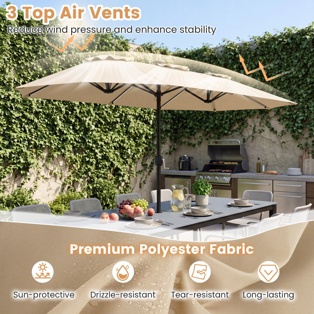 13 FT Double-Sided Patio Umbrella with Color-Changing Flowing Solar LED Lights-Beige