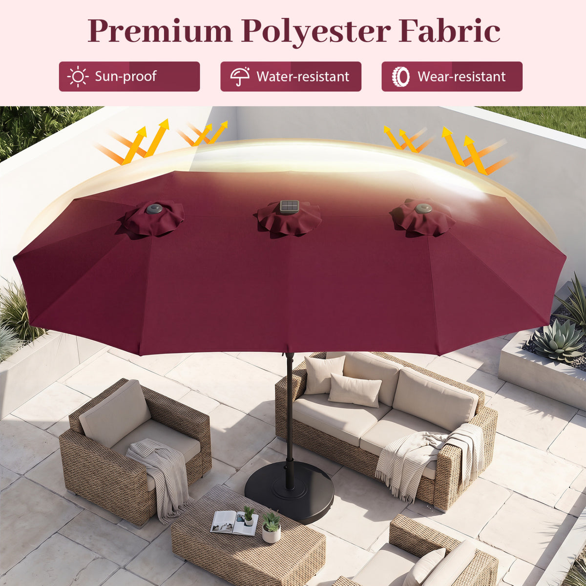 13 FT Double-Sided Patio Umbrella Large Rectangle Market Umbrella with 36 LED Lights-Wine