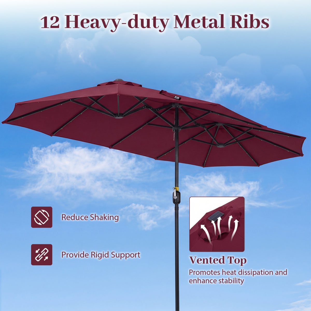 13 FT Double-Sided Patio Umbrella Large Rectangle Market Umbrella with 36 LED Lights-Wine