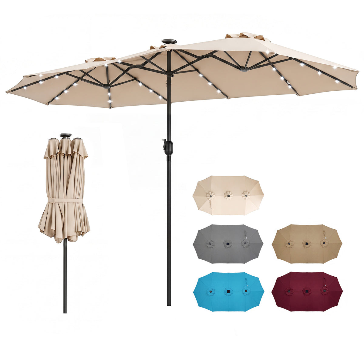 13 FT Double-Sided Patio Umbrella Large Rectangle Market Umbrella with 36 LED Lights-Beige