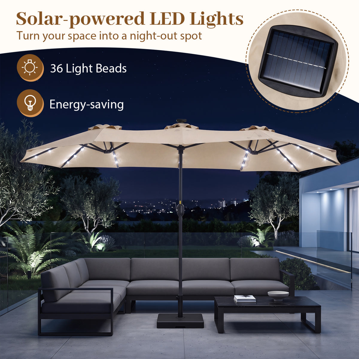 13 FT Double-Sided Patio Umbrella Large Rectangle Market Umbrella with 36 LED Lights-Beige