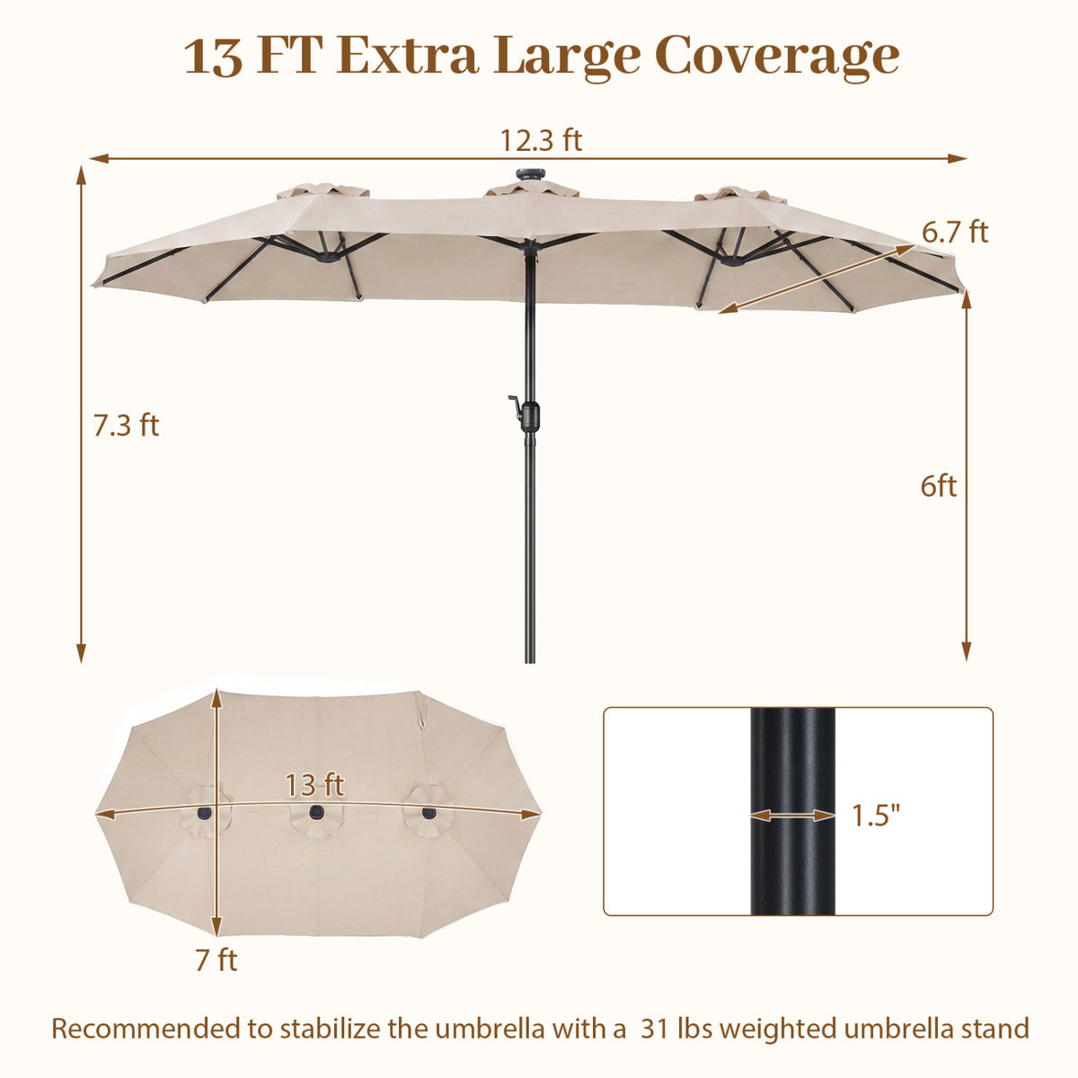 13 FT Double-Sided Patio Umbrella Large Rectangle Market Umbrella with 36 LED Lights-Beige