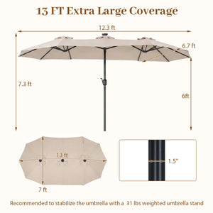 13 FT Double-Sided Patio Umbrella Large Rectangle Market Umbrella with 36 LED Lights-Beige