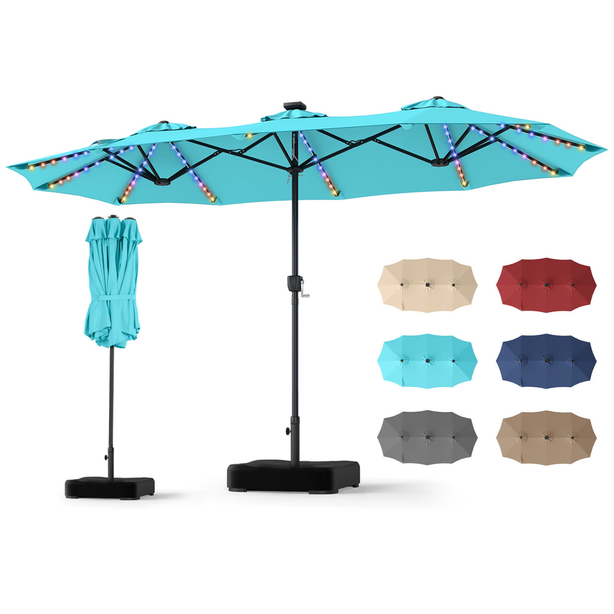 13 FT Double-Sided Patio Umbrella with 108 LED Lights and Base Included-Turquoise