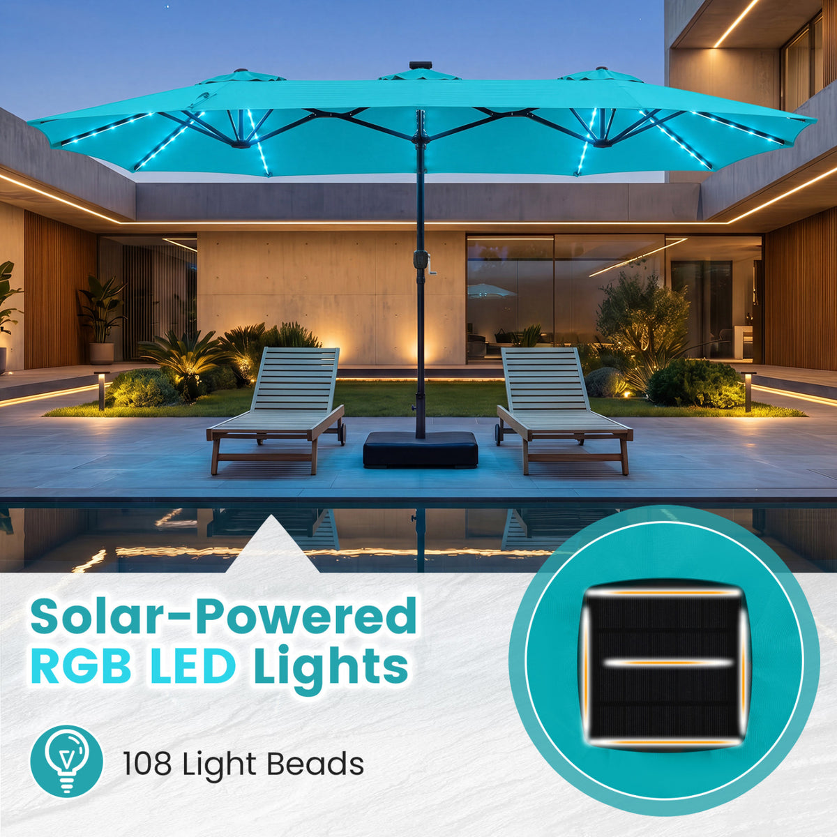 13 FT Double-Sided Patio Umbrella with 108 LED Lights and Base Included-Turquoise