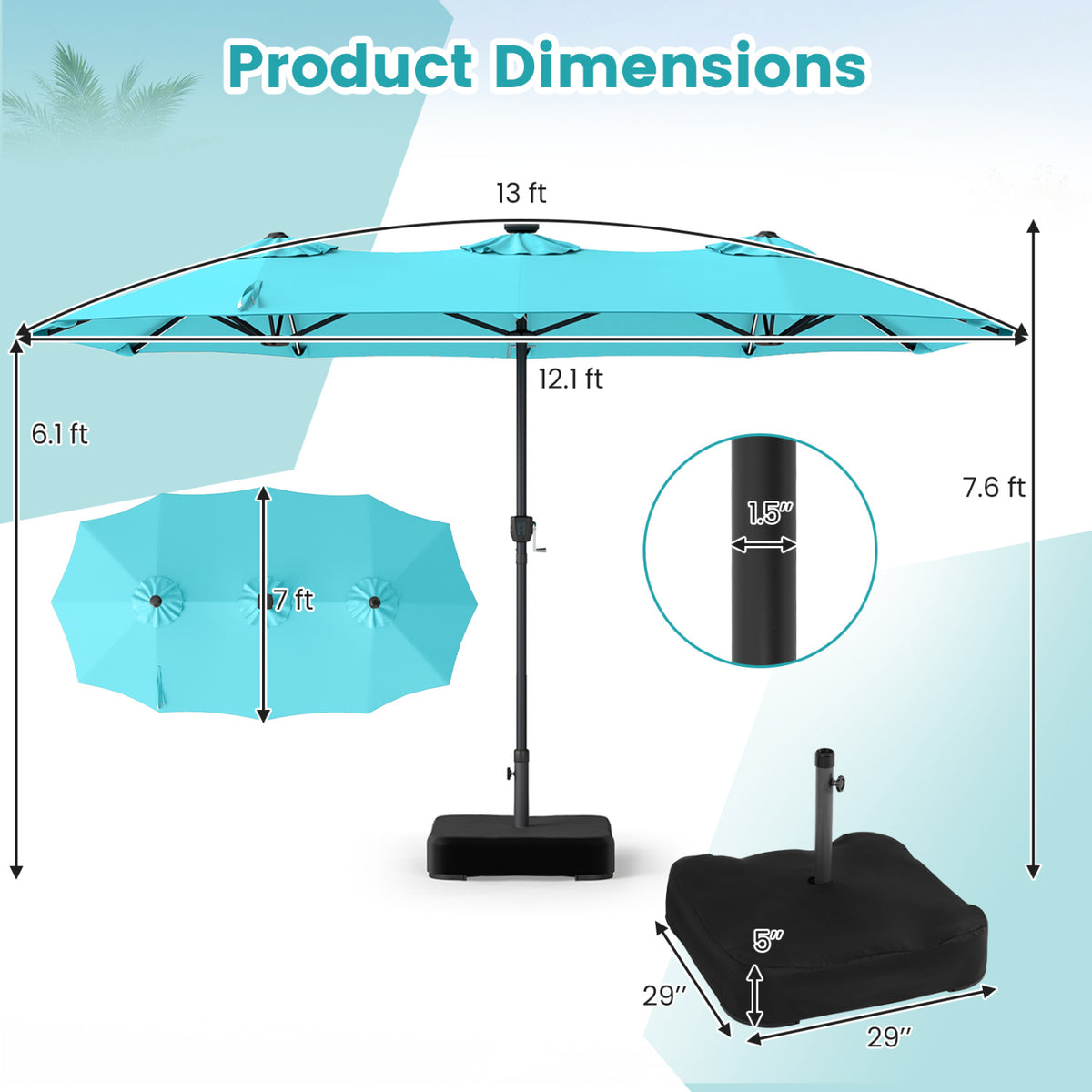 13 FT Double-Sided Patio Umbrella with 108 LED Lights and Base Included-Turquoise