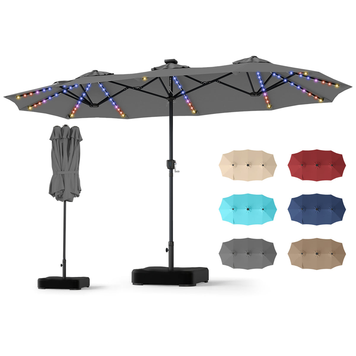 13 FT Double-Sided Patio Umbrella with 108 LED Lights and Base Included-Gray