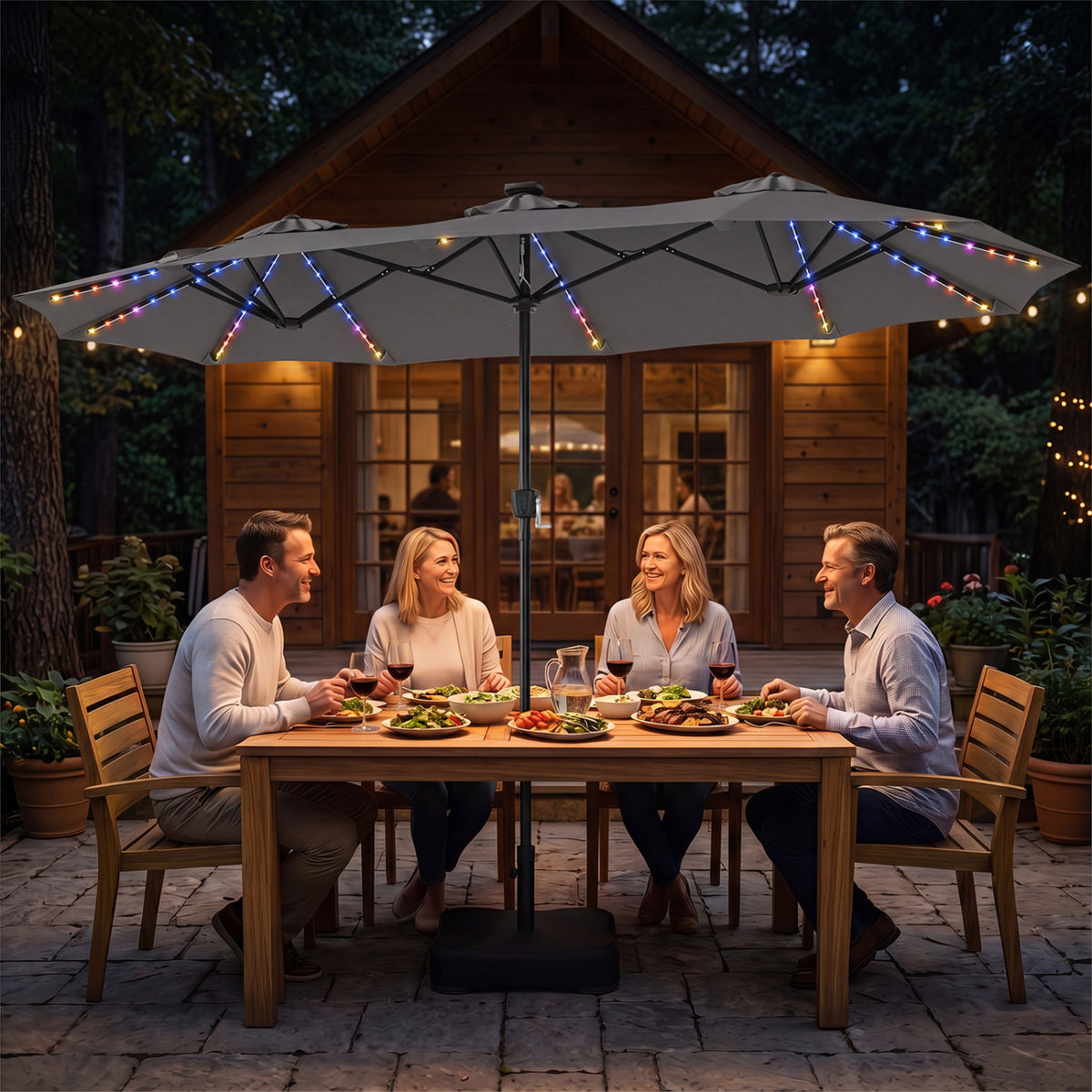 13 FT Double-Sided Patio Umbrella with 108 LED Lights and Base Included-Gray