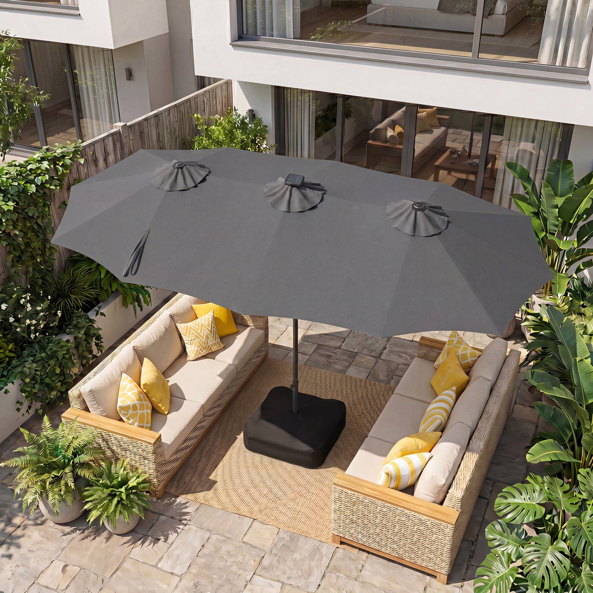13 FT Double-Sided Patio Umbrella with 108 LED Lights and Base Included-Gray