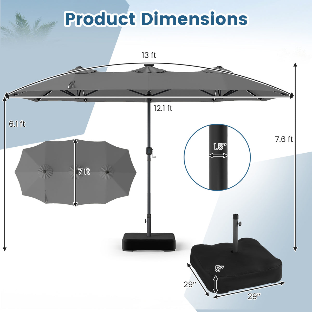 13 FT Double-Sided Patio Umbrella with 108 LED Lights and Base Included-Gray