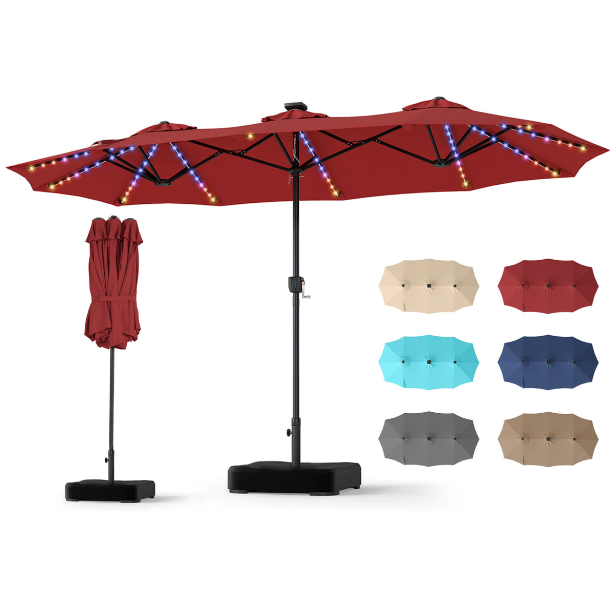 13 FT Double-Sided Patio Umbrella with 108 LED Lights and Base Included-Wine