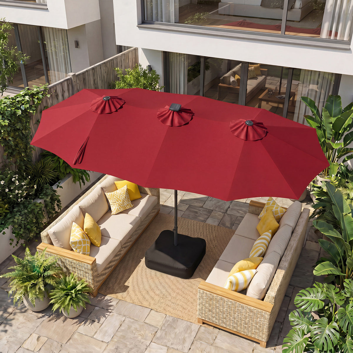 13 FT Double-Sided Patio Umbrella with 108 LED Lights and Base Included-Wine
