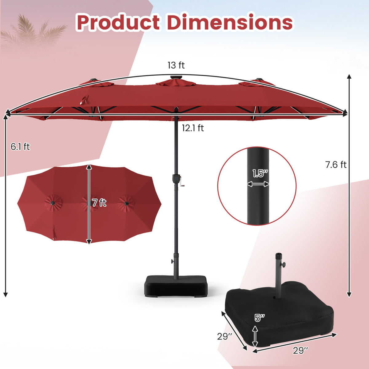 13 FT Double-Sided Patio Umbrella with 108 LED Lights and Base Included-Wine