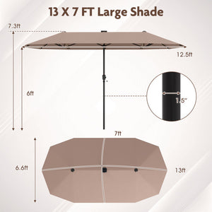 13 FT Large Patio Umbrella with LED Solar Lights and Crank Handle-Coffee
