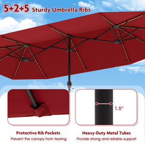 13 FT Large Patio Umbrella with LED Solar Lights and Crank Handle-Red