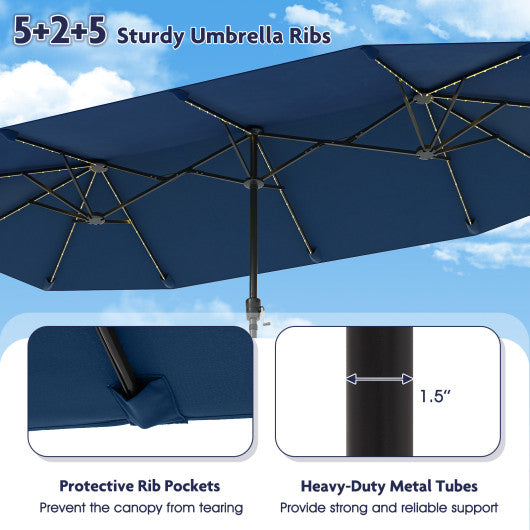 13 FT Large Patio Umbrella with LED Solar Lights and Crank Handle-Navy