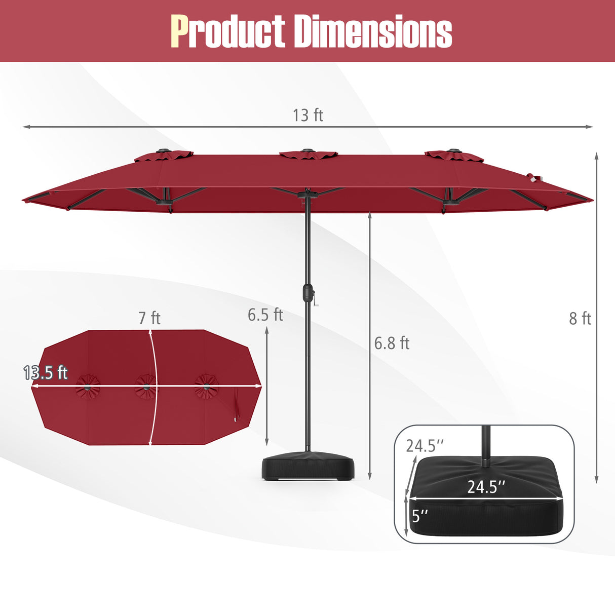 13 Feet Double-Sided Patio Twin Table Umbrella with Crank Handle-Wine