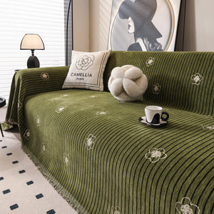 Chenille Camellia Floral Sofa Throw Cover Couch Blanket with Striped Jacquard