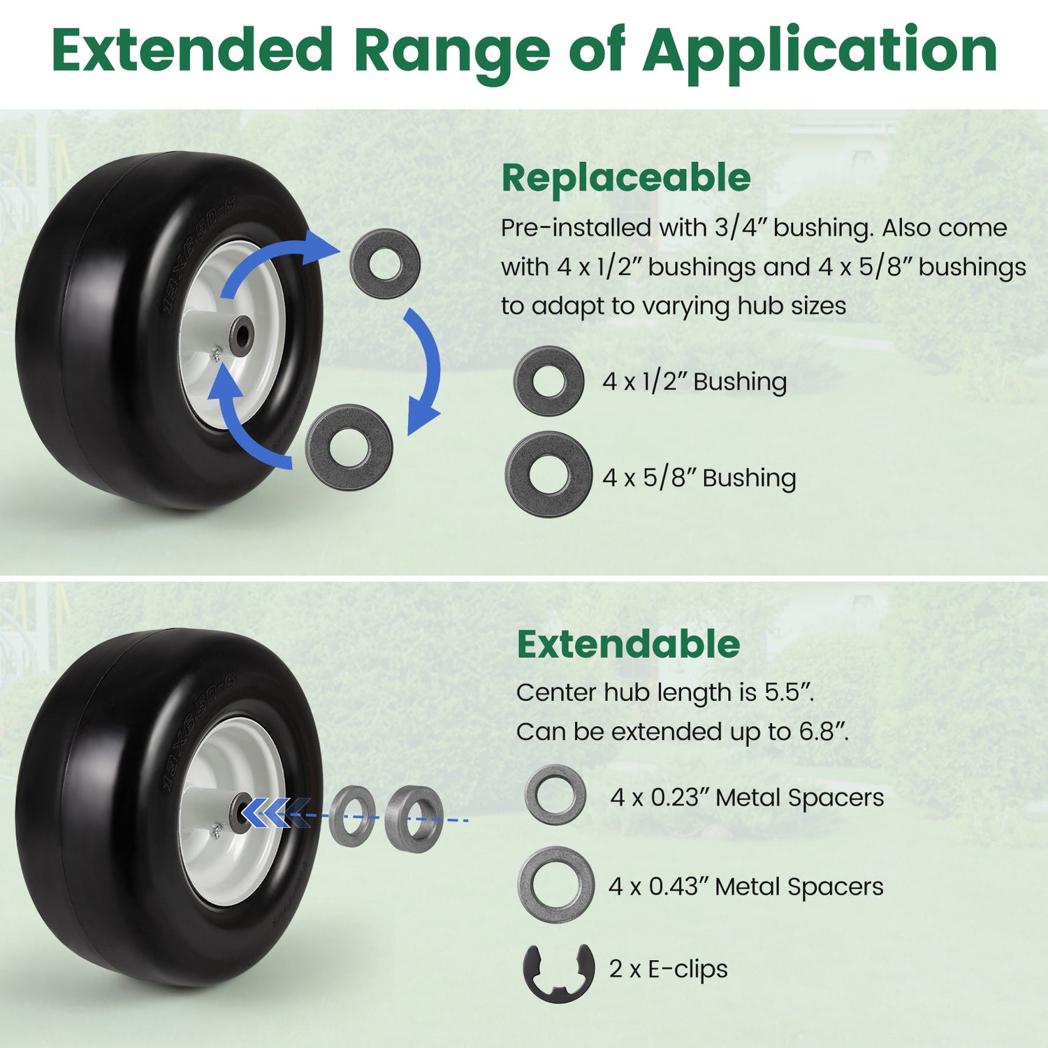 13 x 6.50-6 Flat Free Tires and Wheels 2 Pack Solid Rubber Tires-White