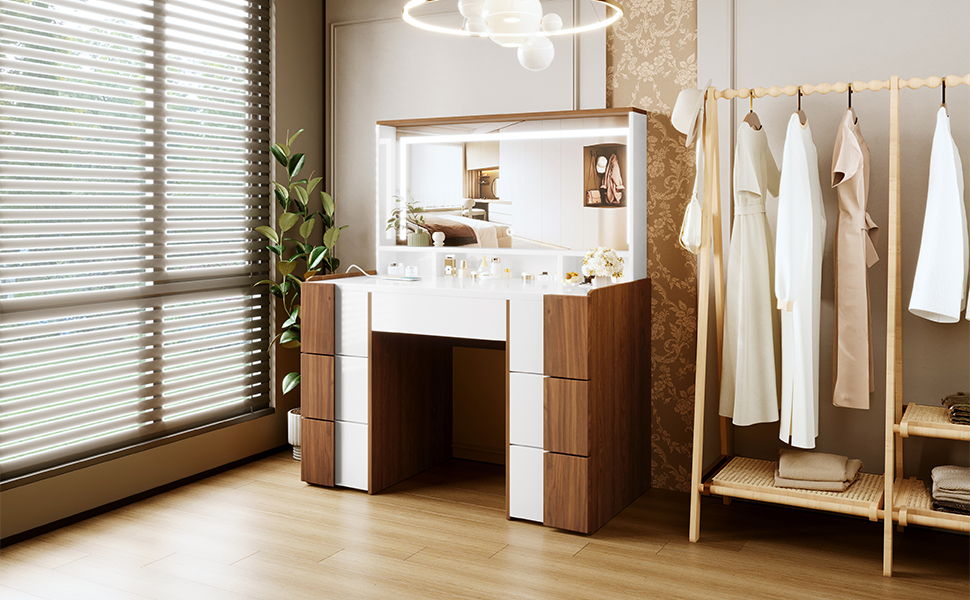 Couch.com Elegant Vanity Table With Large Lighted Mirror & Power Outlet, Dressing Table With 7 Drawers & Shelves, Vanity Desk With Brown Solid Wood Style Stickers Brown / White, with Storage by Couch.com
