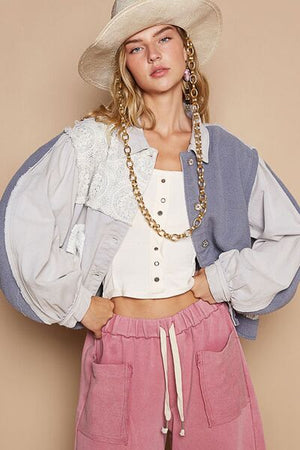 Classic Artistic Crochet Patch Exposed Seam Button Up Jacket Chic & Edgy Outerwear