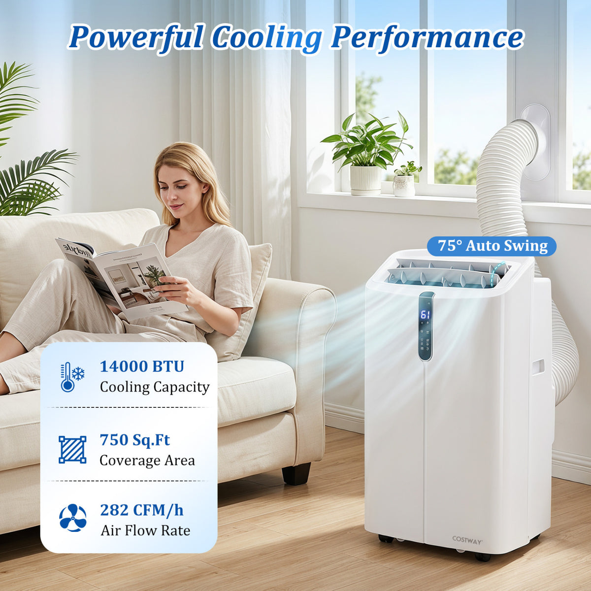 14000 BTU Smart Portable AC with APP Voice Control 47 dB for Rooms 750 Sq.Ft-White