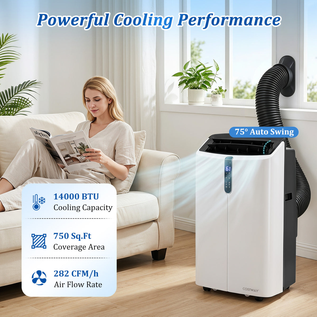 14000 BTU Smart Portable AC with APP Voice Control 47 dB for Rooms 750 Sq.Ft-Black