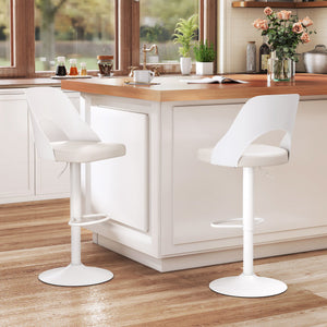 Bar Stools Set of 2 with Enlarged PU Leather Seat and Footrest-White