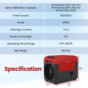 140 Pints Commercial Dehumidifier with Pump and Drain Hose-Red