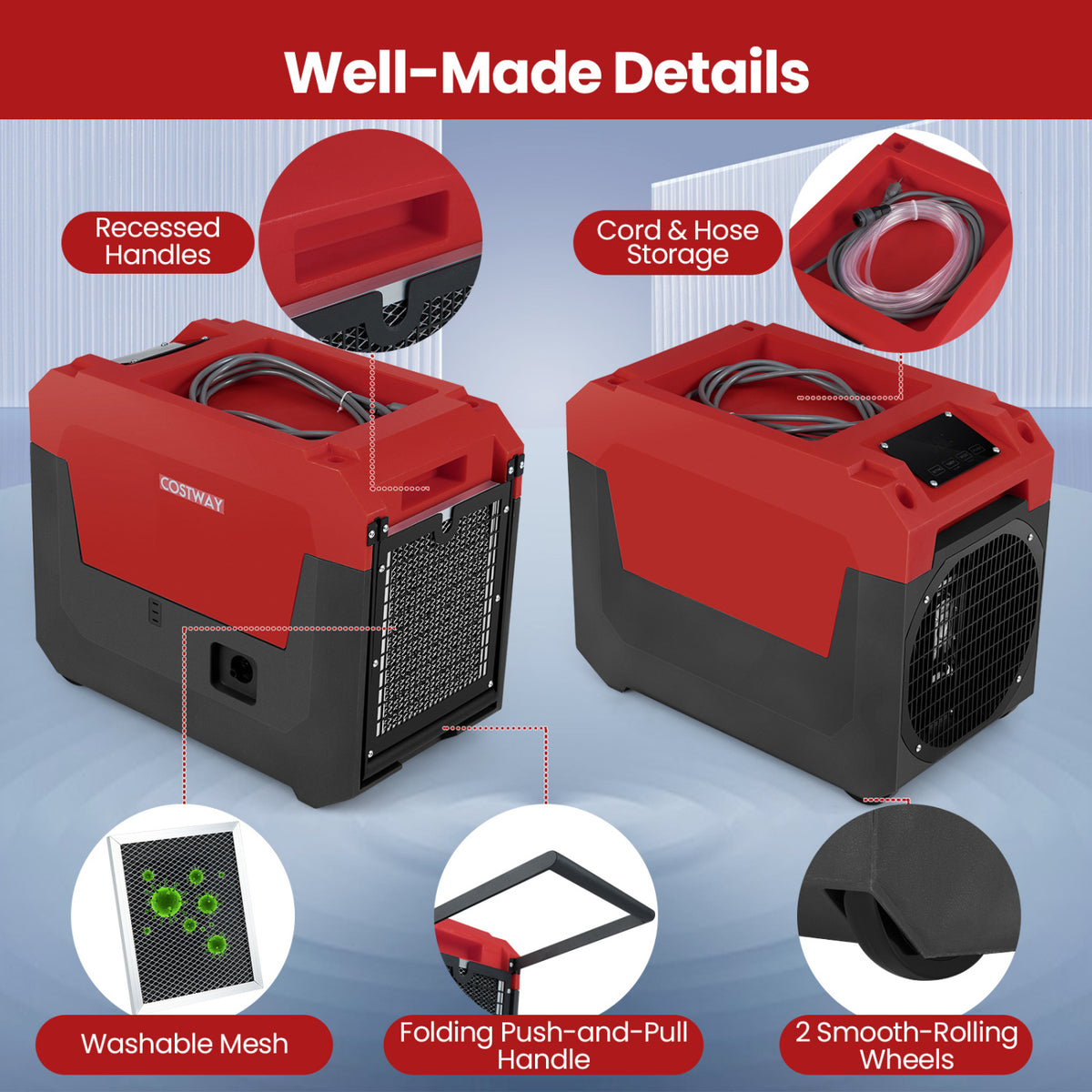 140 Pints Commercial Dehumidifier with Pump and Drain Hose-Red