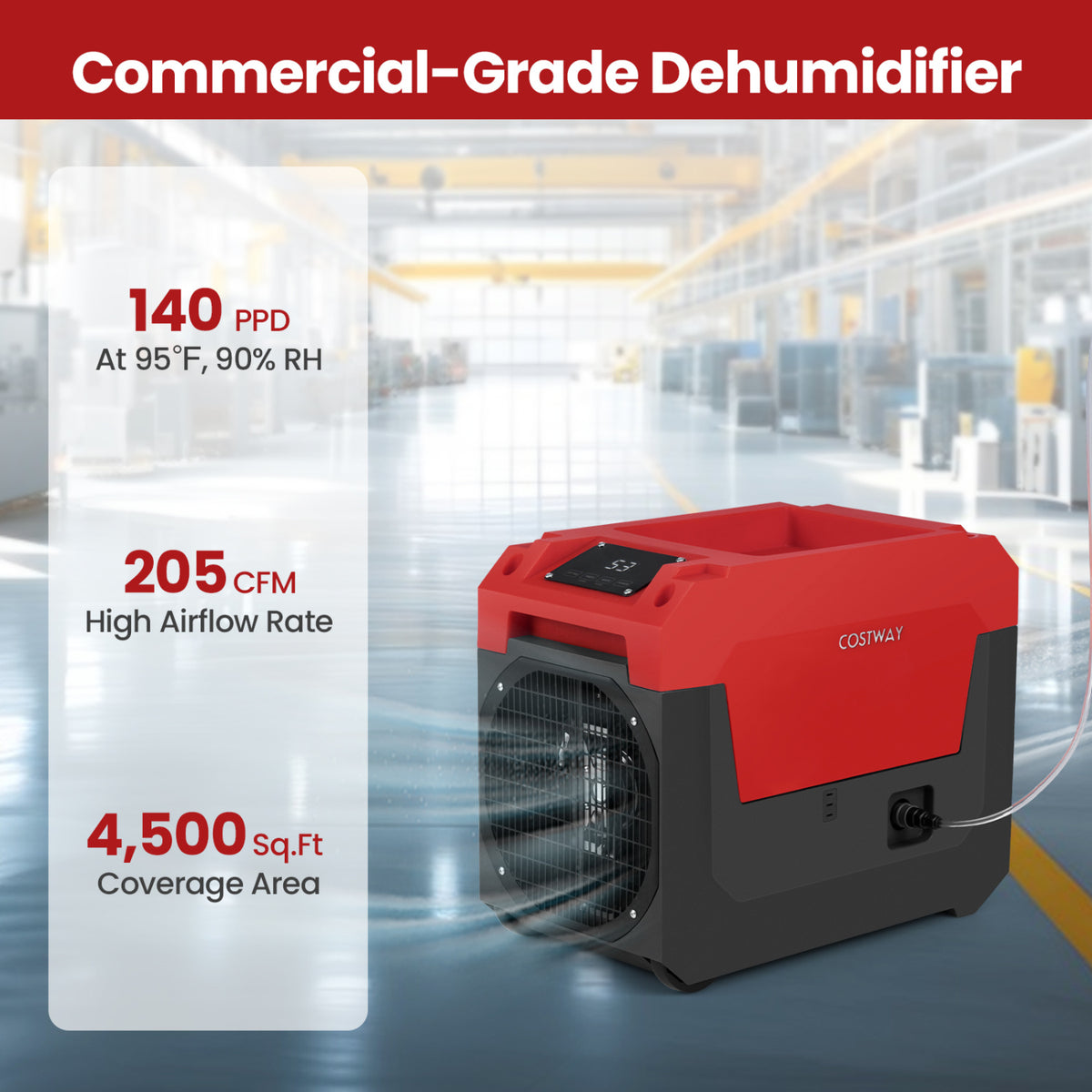 140 Pints Commercial Dehumidifier with Pump and Drain Hose-Red
