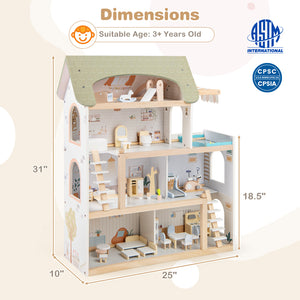 Wooden Dollhouse Kids DIY Pretend Playhouse with 33 PCS Furniture Accessories-Green